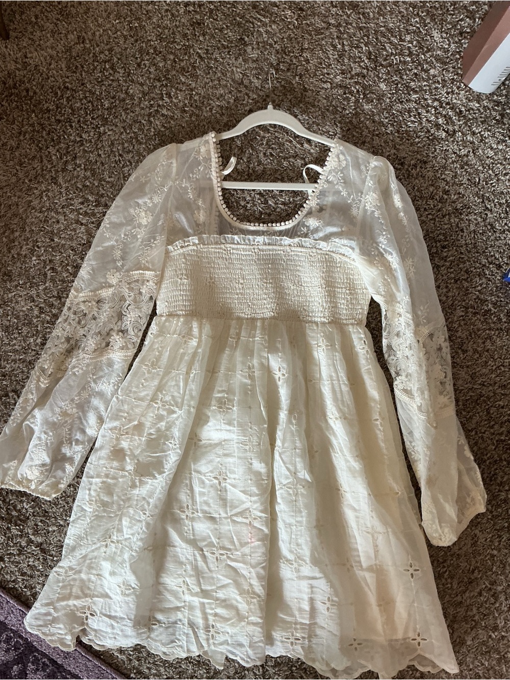 Women’s Cream Lace Long-Sleeve Dress wedding dress boho coquette eyelet detail